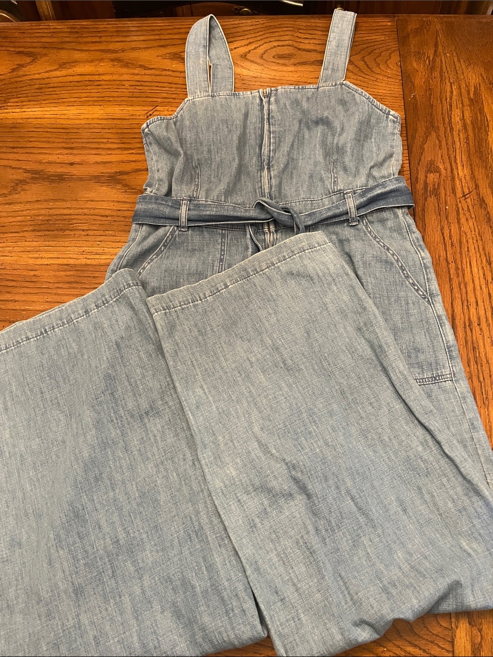 Oliver Bonas Light Wash Denim Jumpsuit with Tie Belt, size 6